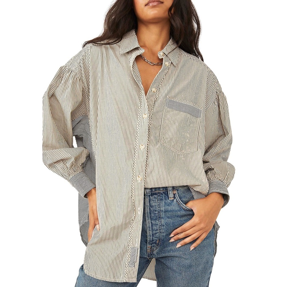 We The Free Happy Hour Classic Poplin Shirt XS Oversized Striped Drop Shoulder